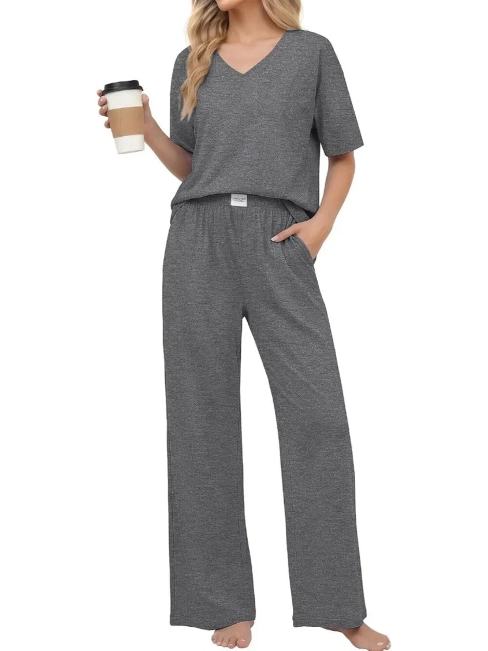 Women's Dark Grey Cotton Short Sleeve Sleepwear Pant Pockets Pajama Set